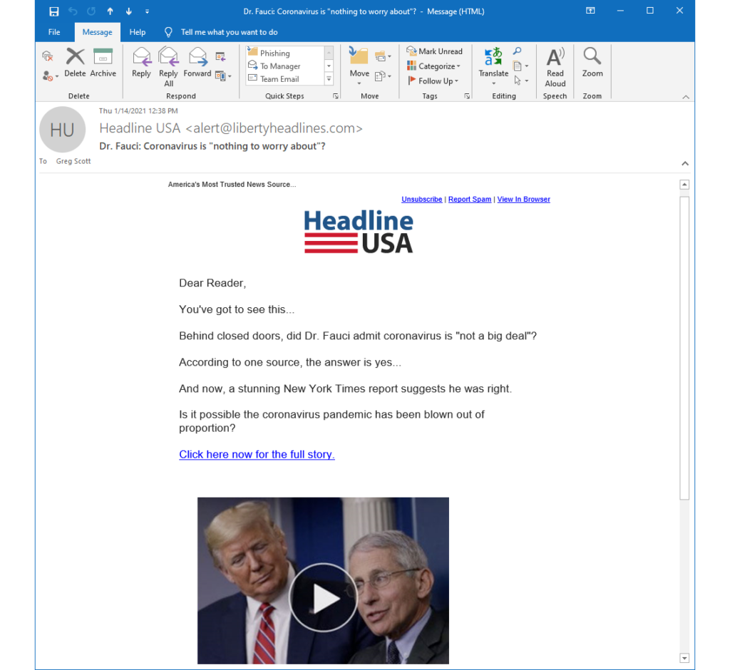 The Headline USA banner with references to Dr. Fauci and the NY Times manipulated me into falling for a clickbait phishing scam.