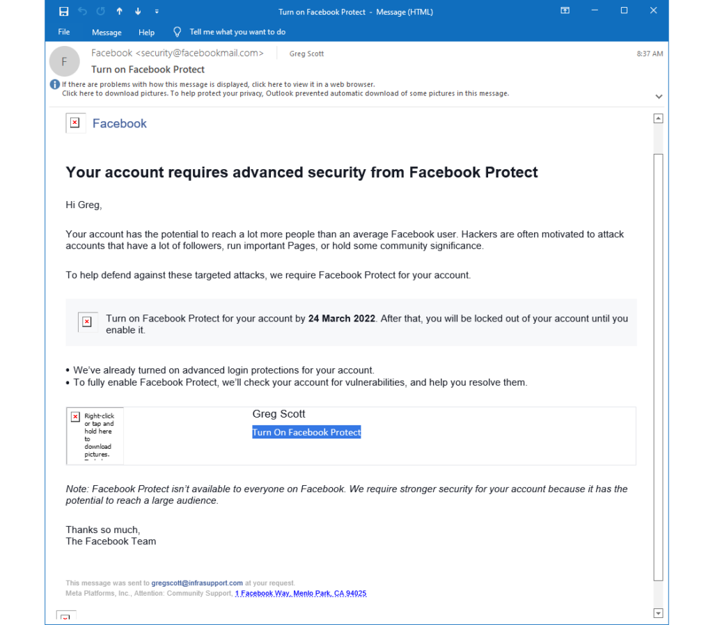 Turn on Facebook Protect - this email really did come from Facebook.
