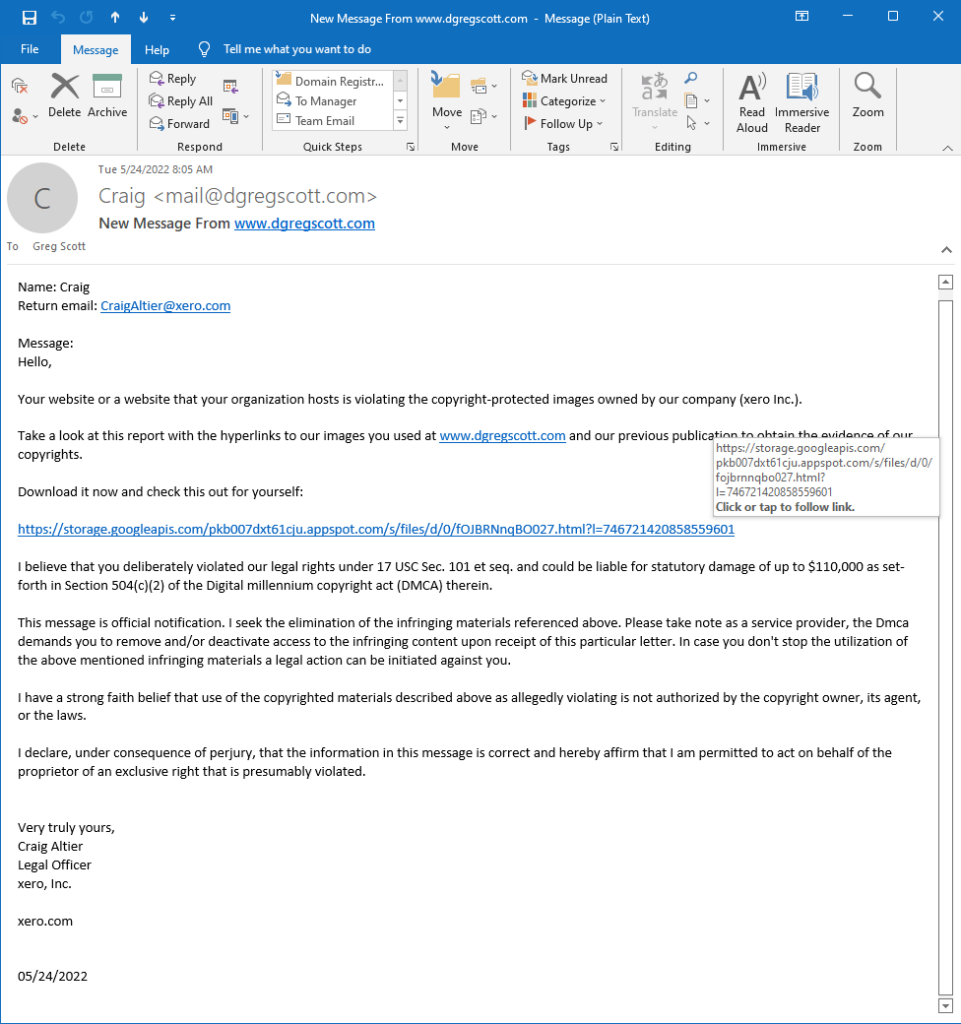 This phishing scam wants me to believe I violated somebody's copyright.