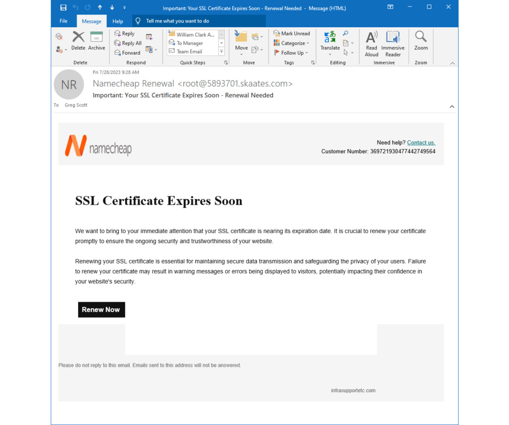 This email did a masterful job of impersonating domain name registrar, Namecheap. It will nail somebody.