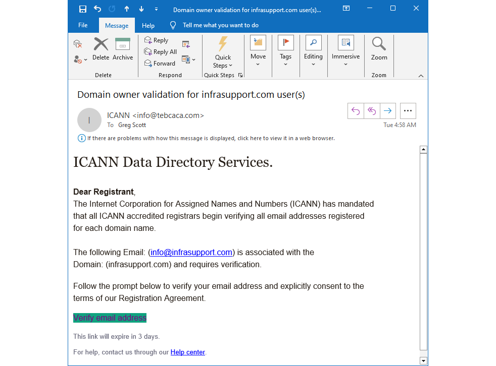 Fake email claiming to come from ICANN.