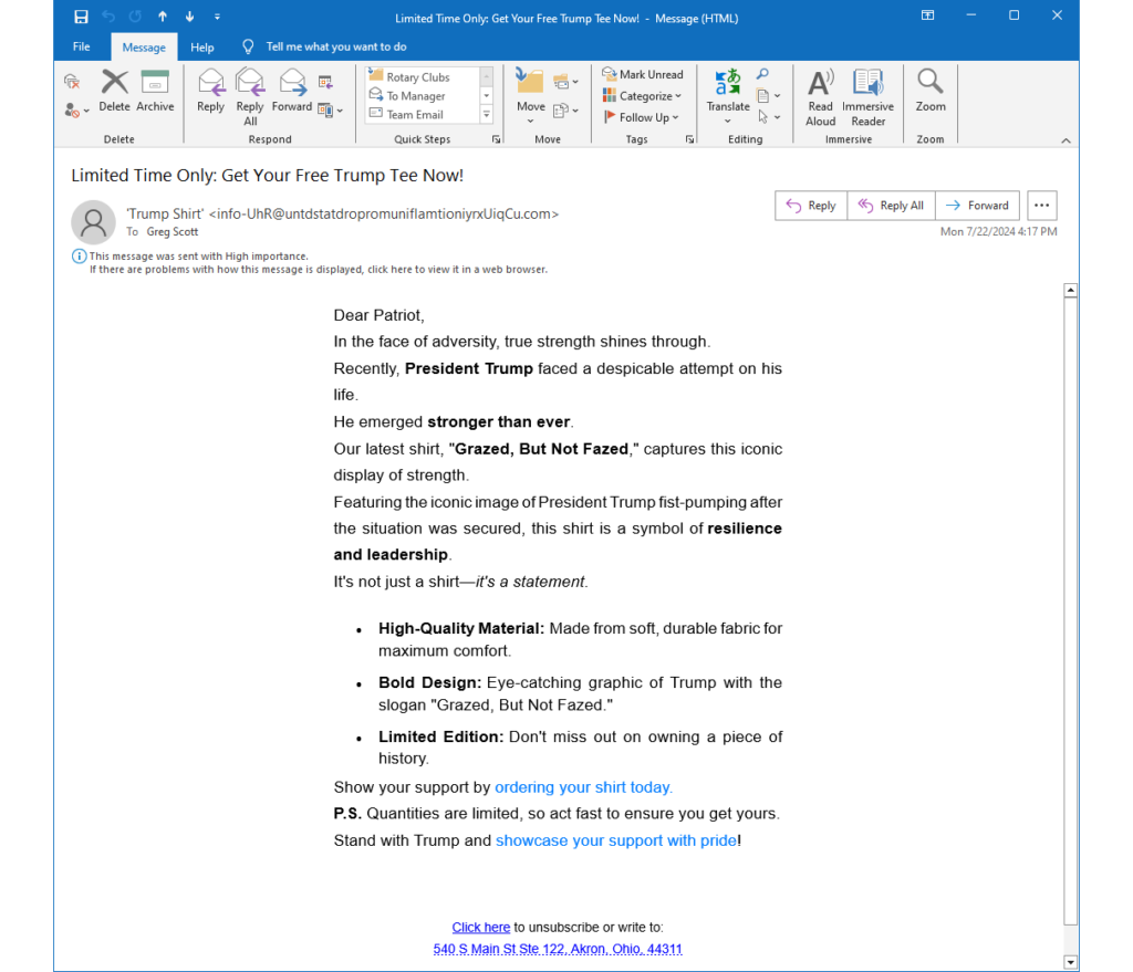 Grazed but not fazed email. It came from:
Received: from wezooz.be (103.217.144.139) by mail2019.infrasupport.local
(10.10.10.12) with Microsoft SMTP Server id 15.2.1258.32 via Frontend
Transport; Mon, 22 Jul 2024 16:29:56 -0500