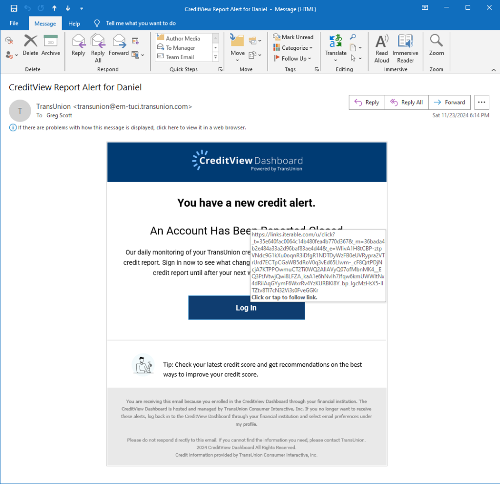 Phishing attack impersonating credit reporting agency, TransUnion.