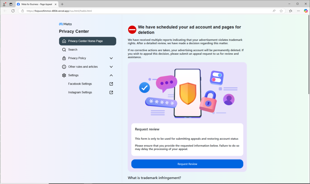Facebook ad phishing target website impersonating Facebook