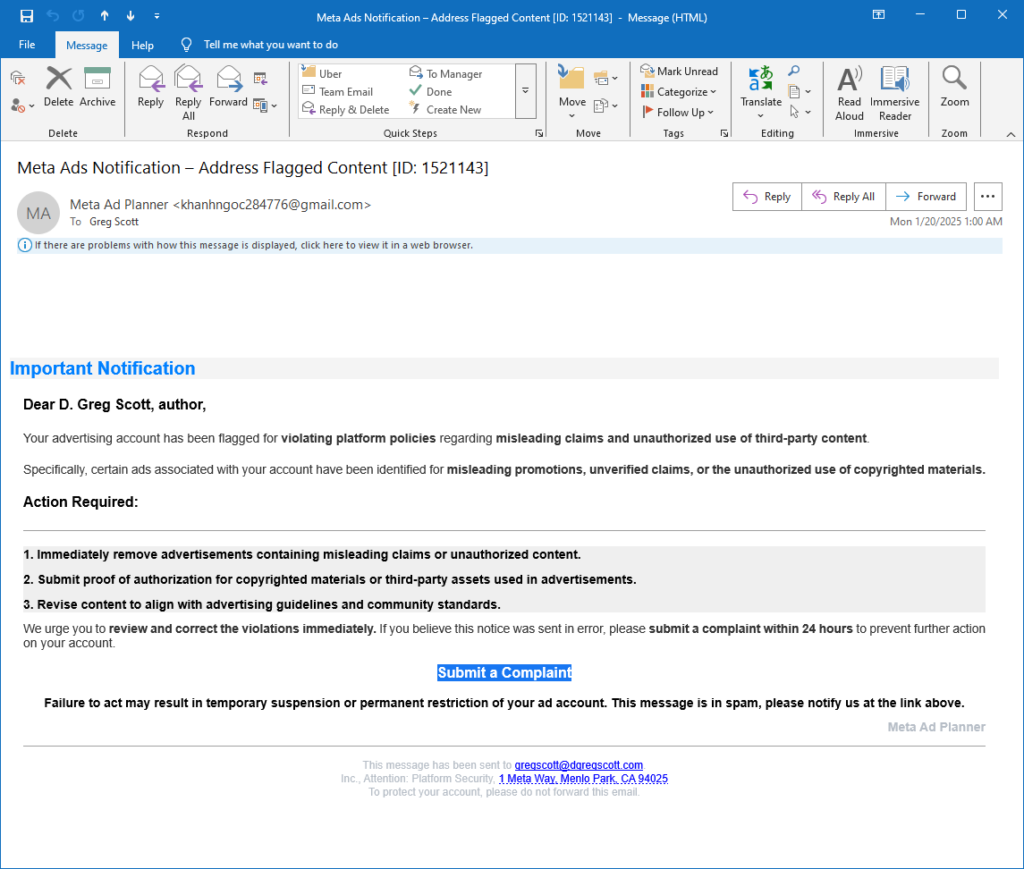 Facebook ad phishing email