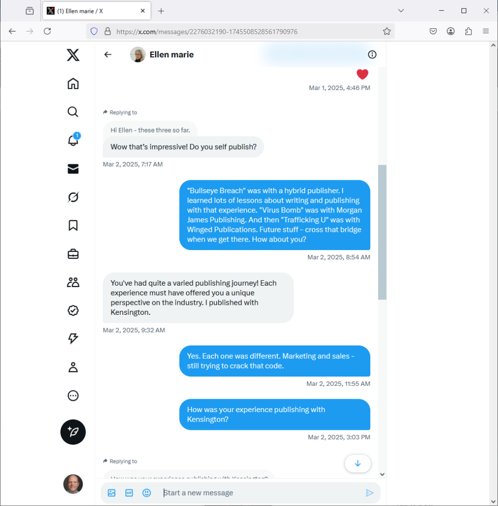 Two of four screenshots of the conversation with the Ellen Marie Wiseman impersonator.