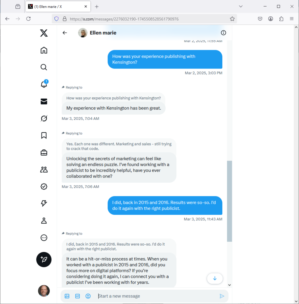Three of four screenshots of the conversation with the Ellen Marie Wiseman impersonator.
