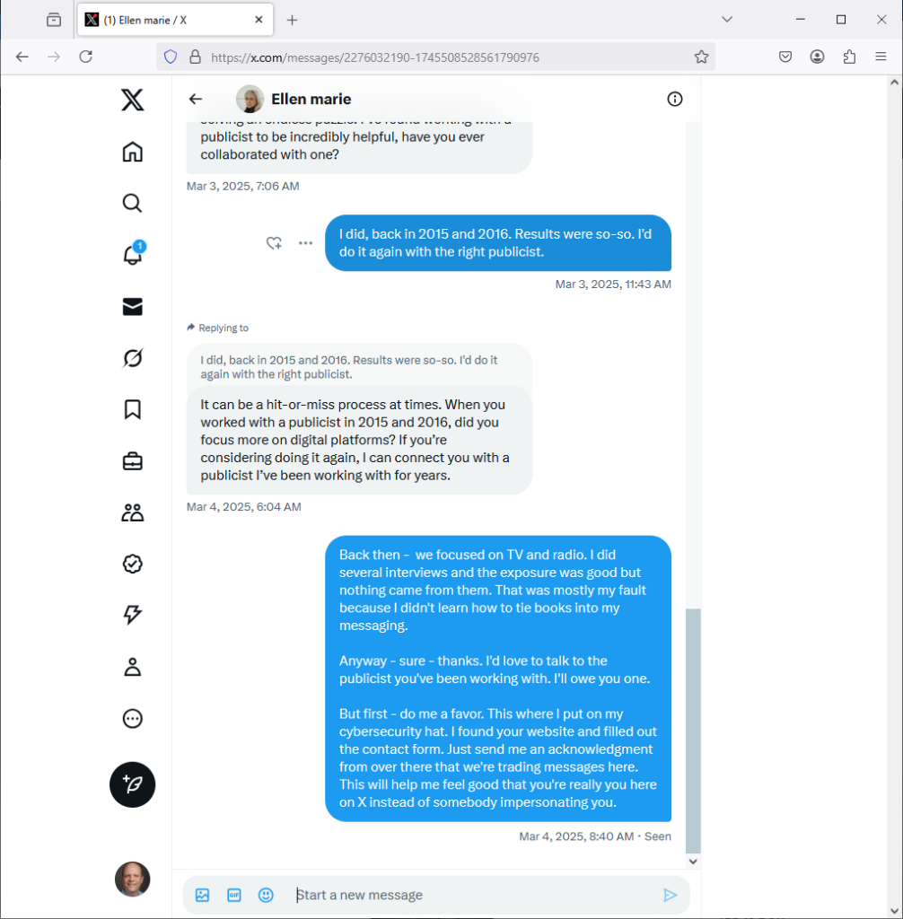 Four of four screenshots of the conversation with Ellen's impersonator.