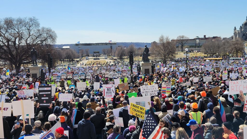 The view from the State Capitol steps over the crowd at the April 5, 2025 Hands Off protest rally in St. Paul, Minnesota.