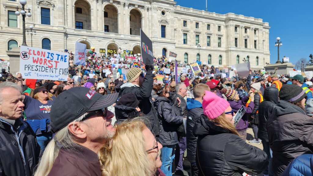 The view facing up the State Capitol steps at the April 5, 2025 Hands Off protest rally in St. Paul, Minnesota.