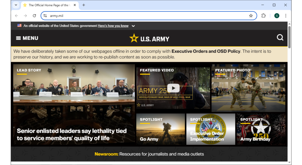 Screen shot of the US Army website showing DEI references removed. Getting rid of opportunities for members of minority groups to excel ignores a vast talent pool and offers a good reason to attend the hands off rally.