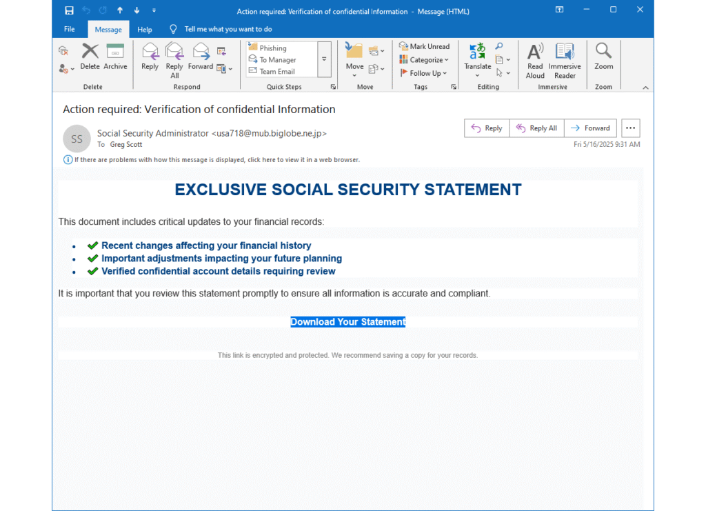 Fake email claiming to come from the United States Social Security Administration. It's a lousy forgery.