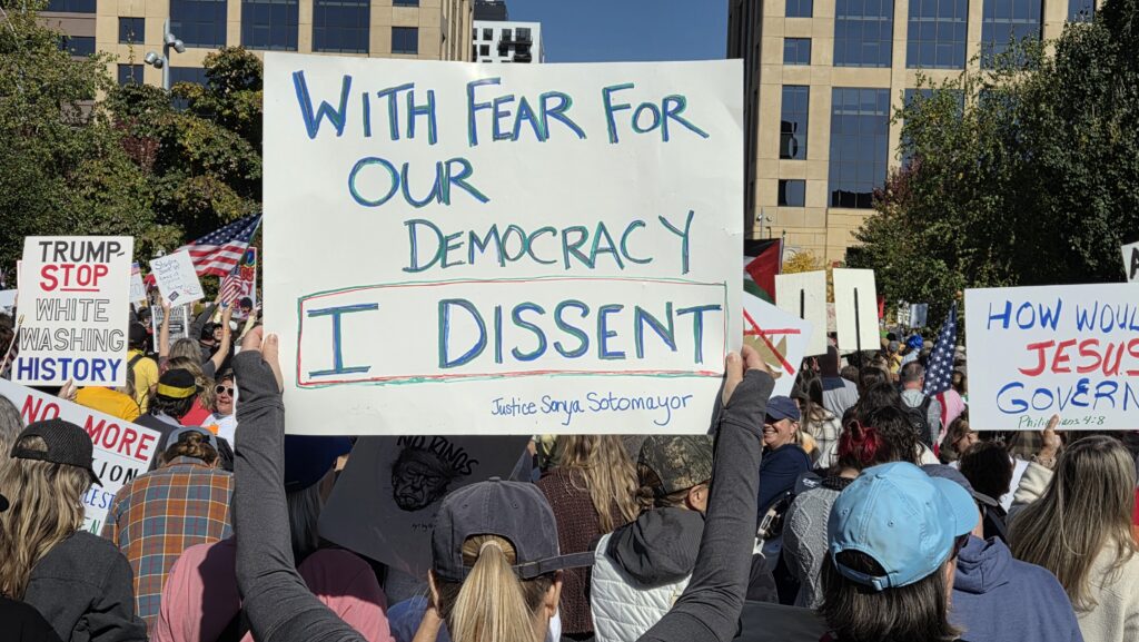 A sign at the Oct. 28, 2025 Minneapolis No Kings rally.