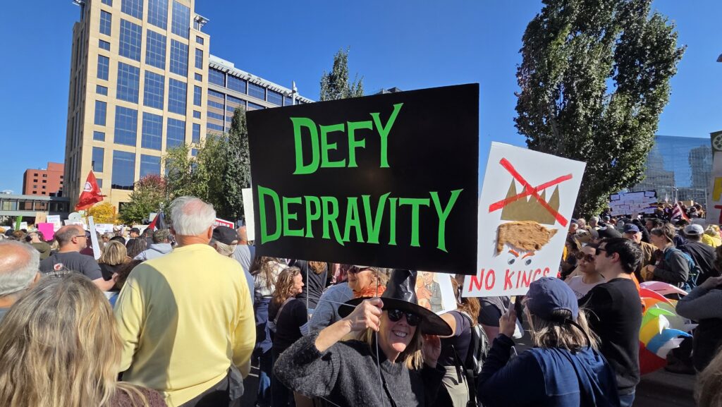 A sign at the Oct. 28, 2025 Minneapolis No Kings rally.