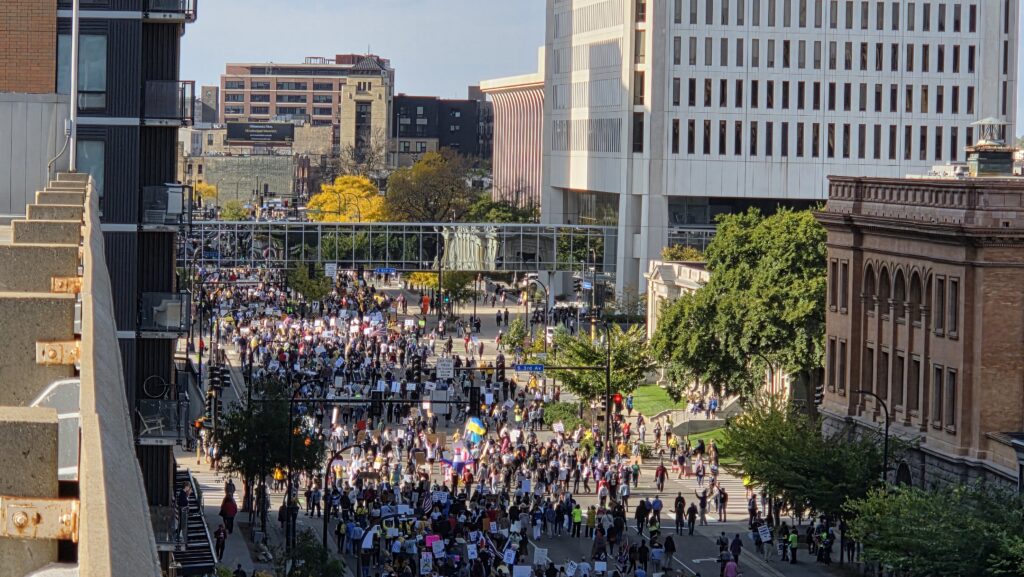 Marchers, looking Northwest along 3rd Street from on top of a parking ramp in Minneapolis.