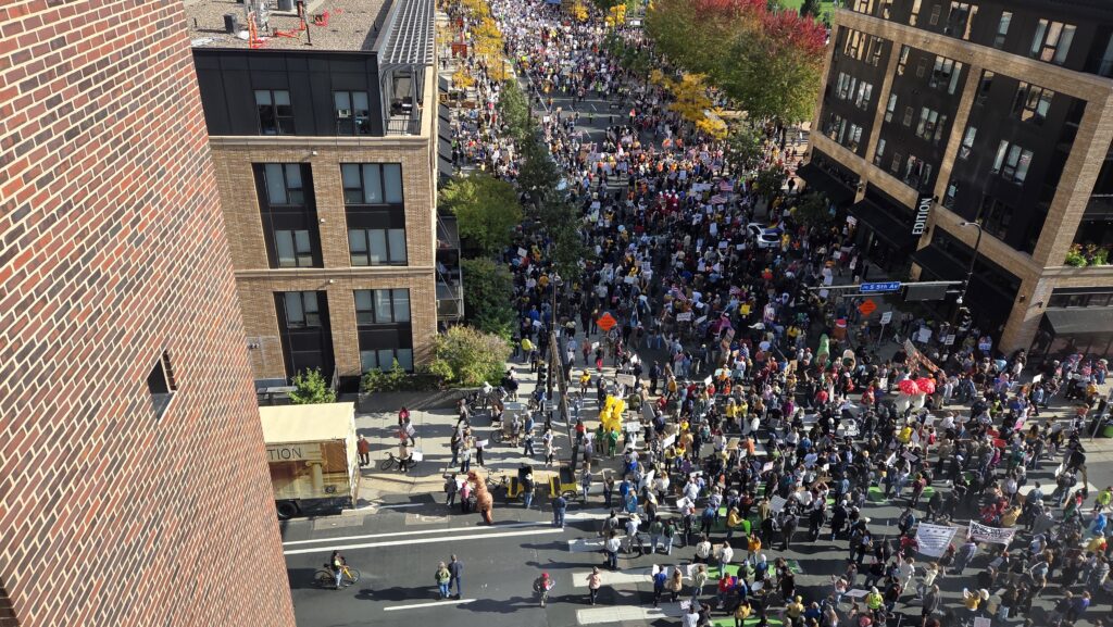 More marchers, looking Southeast along 3rd Street from on top of a parking ramp in Minneapolis.