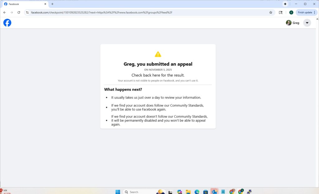 Yep, I submitted an appeal to the Facebook automation higher authority.