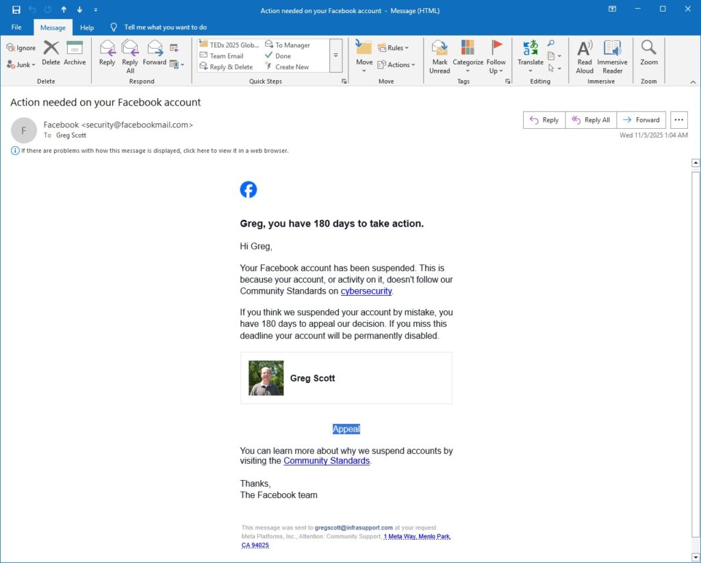 Email from Facebook automation that Facebook had disappeared me.