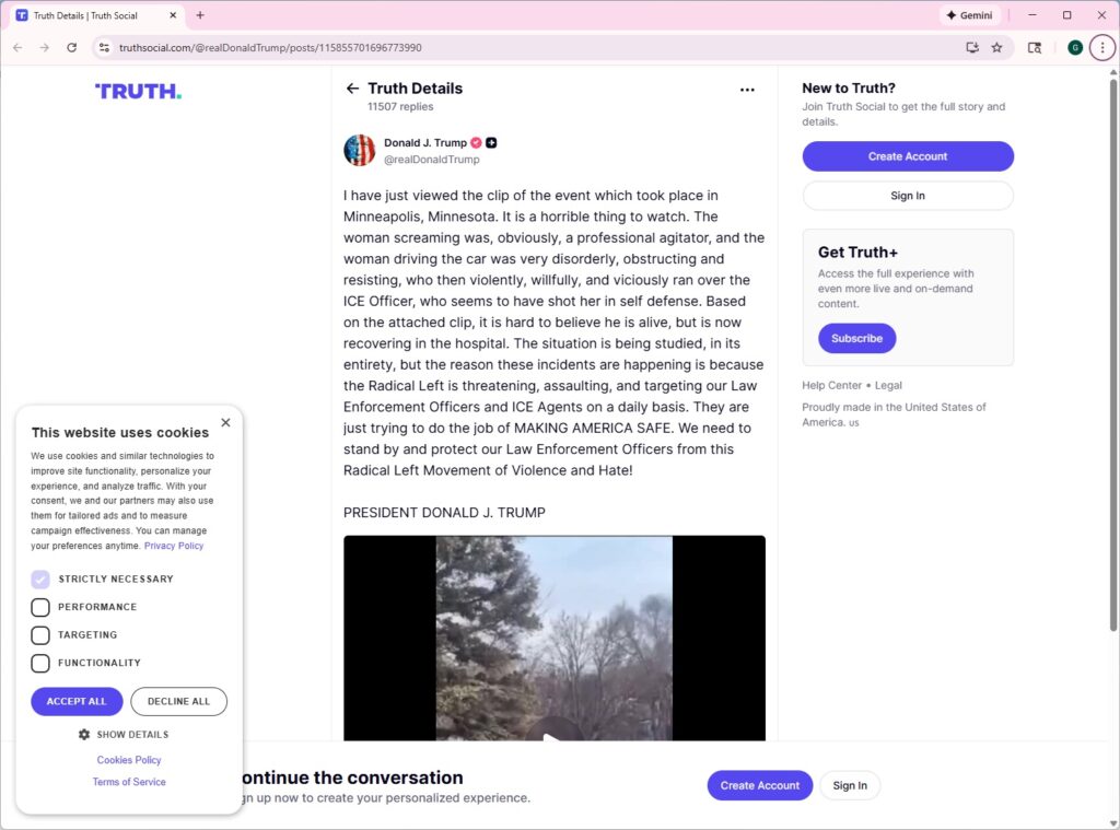 Screen shot of Trump's Truth Social post spewing lies about murder victim, Renee Nicole Good, and the ICE agent who killed her, Jonathan Ross. It includes a link to the original post.