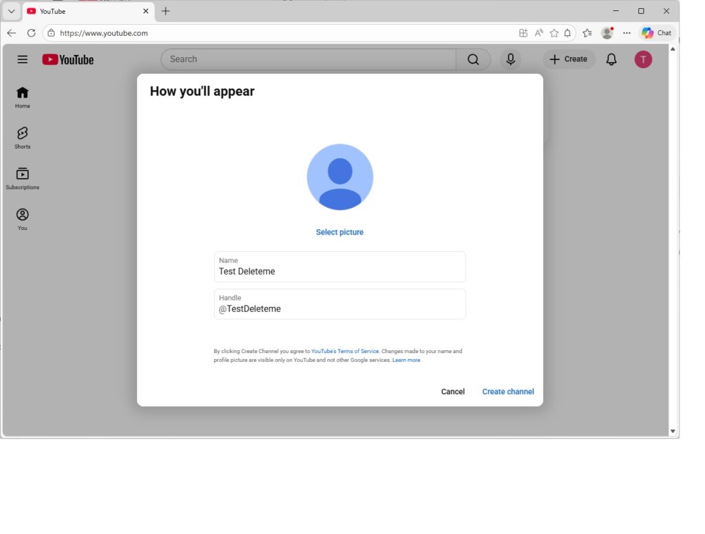 Give you YouTube channel a name and handle. 