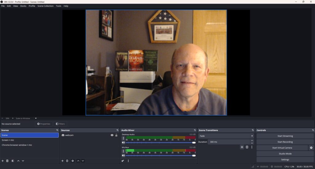 Running a livestream with OBS (Open Broadcaster Software).