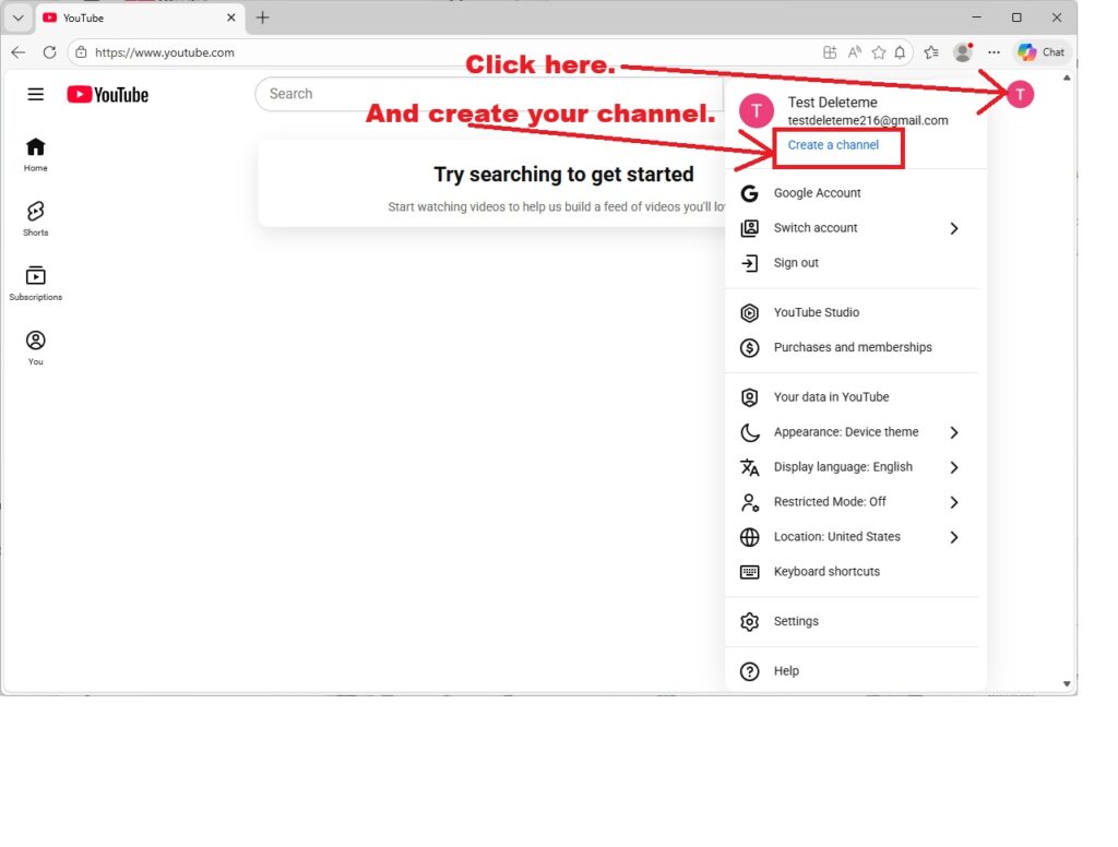 Create your YouTube channel.