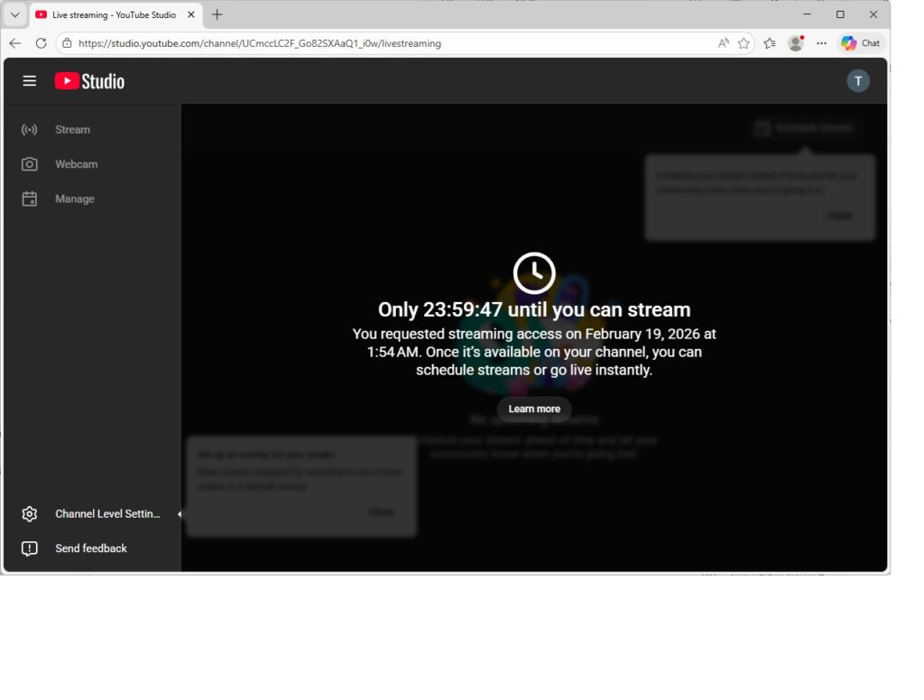 After making you request permission to run your first livestream, YouTube will make you wait 24 hours before saying yes.