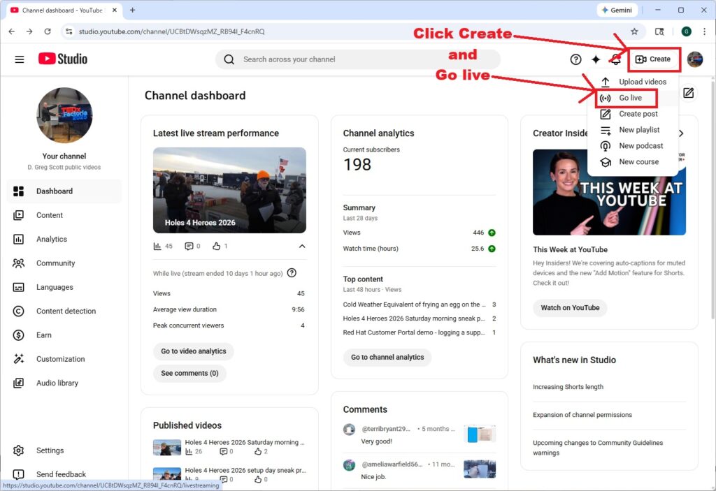 A simple livestream. From YouTube, go live on on your computer. This works in a pinch, but there are better free options.