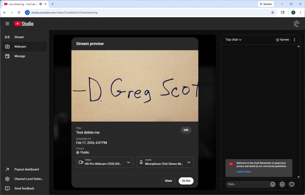 A simple livestream. From YouTube, go live on on your computer. This works in a pinch, but there are better free options.
