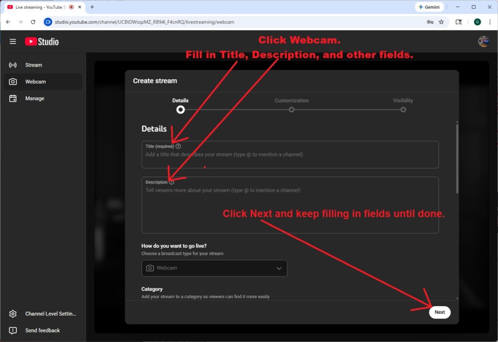 A simple livestream. From YouTube, go live on on your computer. This works in a pinch, but there are better free options.