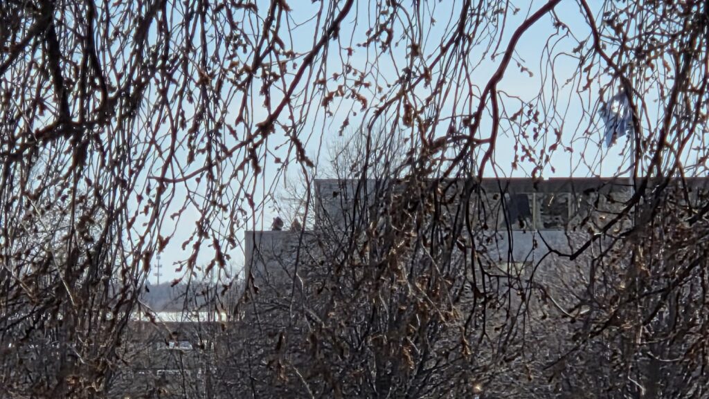 Security on top of a building surrounding the March 28, 2026 No Kings rally in St. Paul, Minnesota.