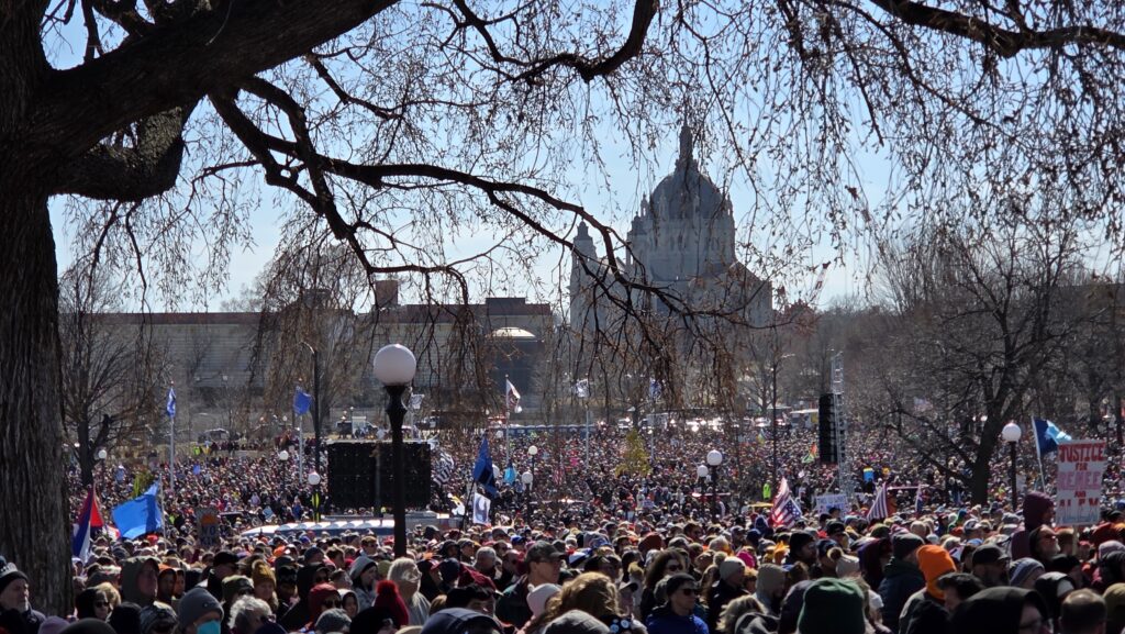 A large crowd at the March 28, 2026 No Kings rally in St. Paul, Minnesota.