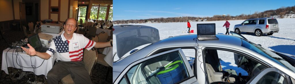 Cyber thriller author Greg Scott: Side-by-side look at testing network infrastructure on a car roof on a frozen lake and managing an indoor event broadcast pipeline.