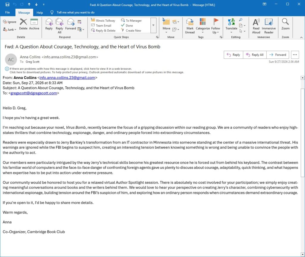 AI phishing from an AI bot calling itself Anna Collins. Automating a dialog to make me eager to drain my bank account.