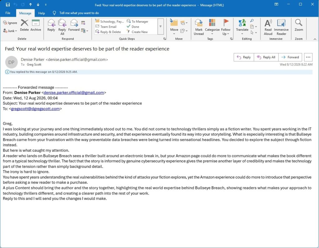 Denise Parker AI phishing pitch for "Bullseye Breach."