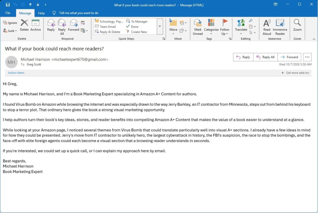 Michael Harrison AI phishing pitch for Virus Bomb.